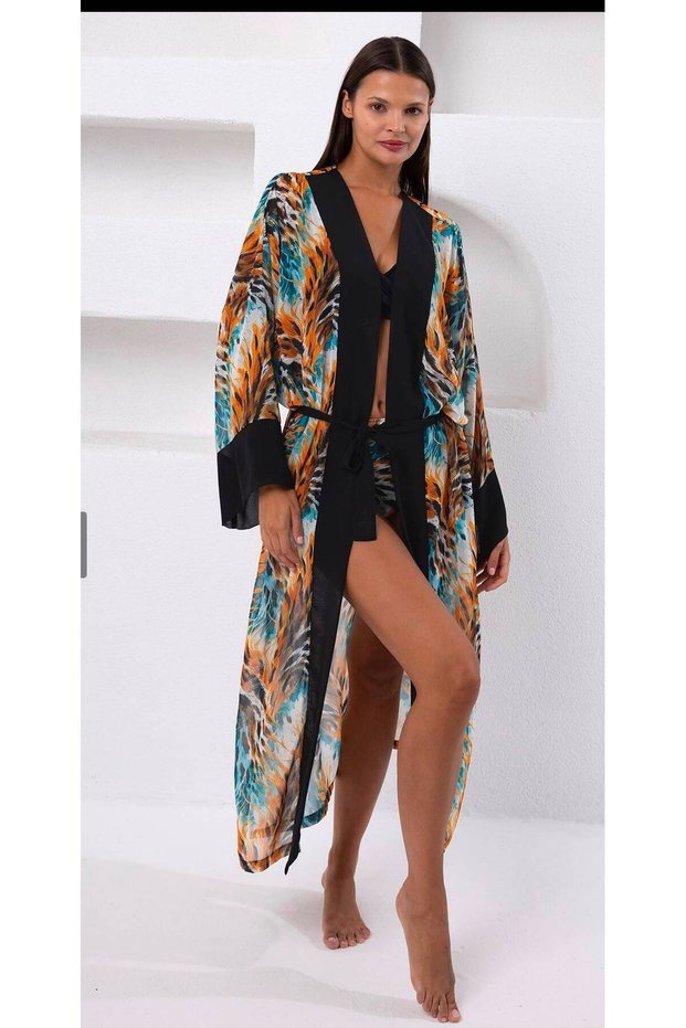 Orange Blue Patterned Chiffon Beach Kimono Pareo with Black Detail