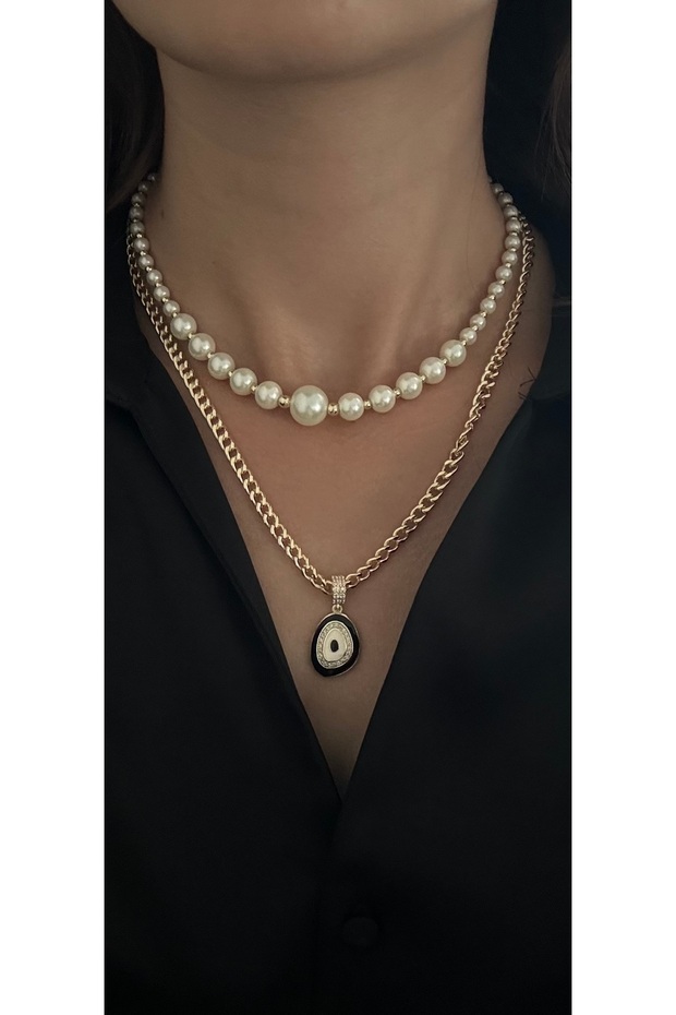 Black Enamel Multi-Strap Necklace Combination with Pearls