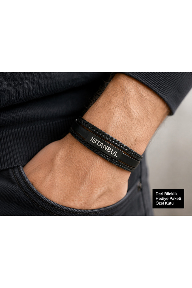 Istanbul Written Men's Leather Bracelet – Multi-Layered Bracelet with Black Weave Detail