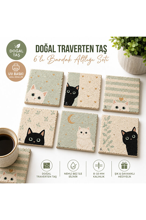 Set of 6 Natural Travertine Stone Coasters – Cat Patterned Uv Printed Decorative Stone Coasters