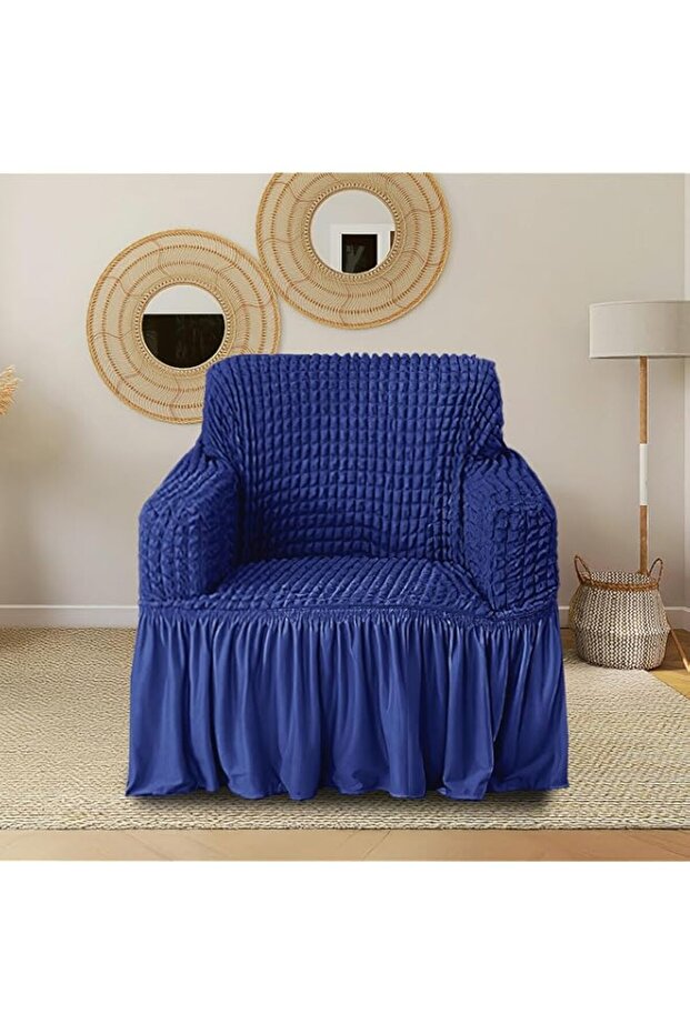 Cortina Elastic Stretchable Universal Sofa Cover with Skirt, One Seater (80-120 Centimeters), Navy Blue