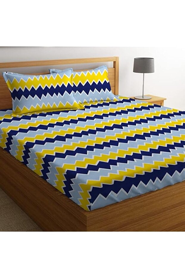 SONA 100% Microfiber bedsheet for Double Bed with 2 Pillow Covers Breathable | Wrinklefree and Softtouch Zig-zag Print Sheet- Yellow & Blue