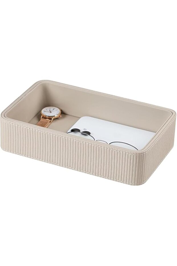 PU Leather Valet Tray Organizer, Small Nightstand Organizer Bedside Desktop Storage for Keys, Watch, Wallet, Perfume & Trinkets (Beige, Rectangular)