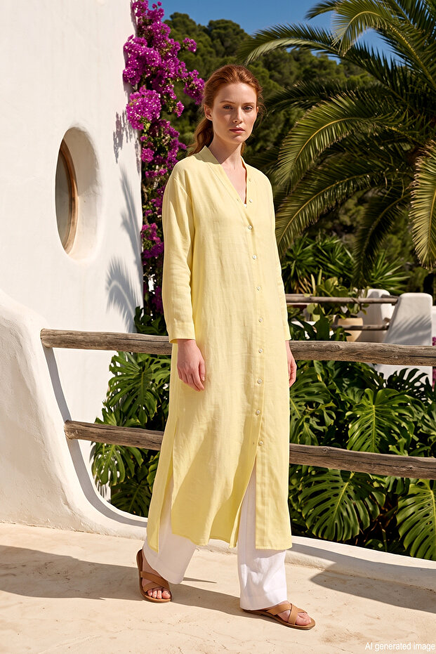 Merwish Buttoned Long Linen Shirt 1794 Yellow