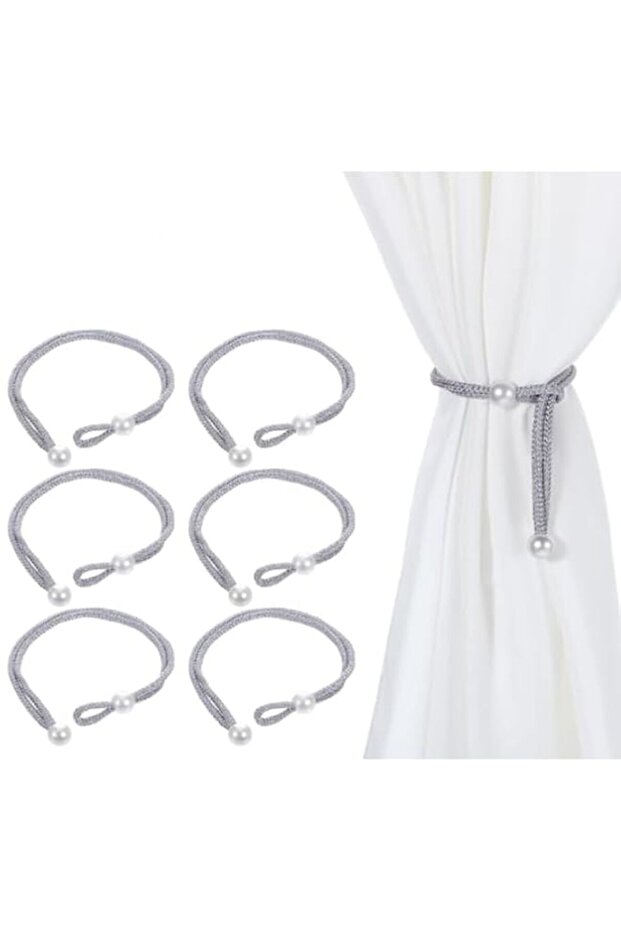 HASTHIP® 6pcs (3pairs) Curtain Holders Tieback with Imitation Pearl, Polyester Curtain Tie Backs Decorative for Home Kitchen Office Window (Gray)