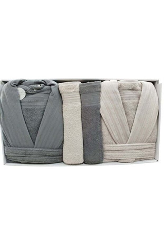 Family Bathrobe Set Cotton Athena Anthracite - Light Powder