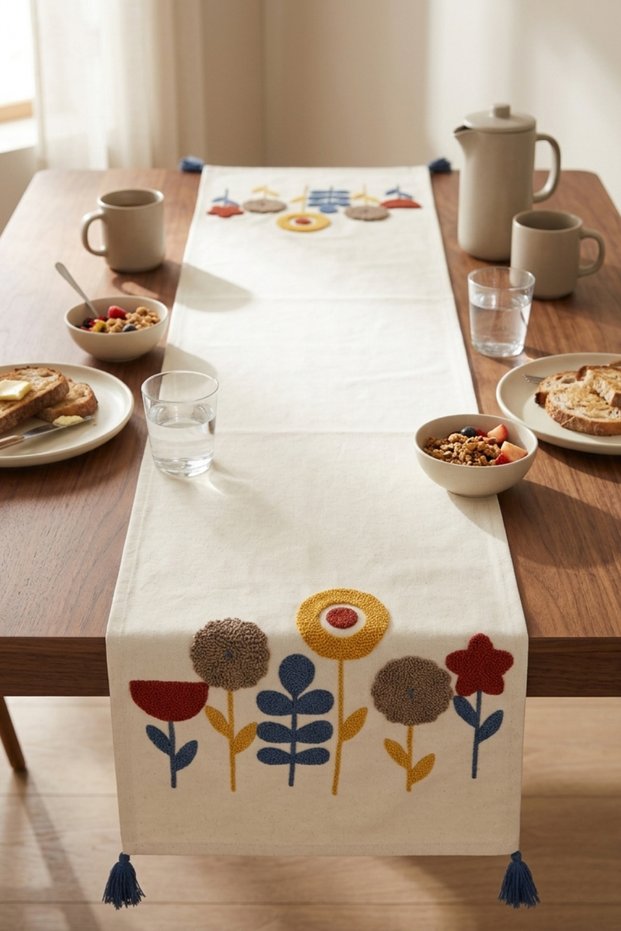 Botanical Dream Colorful Punch Embroidered Tasseled Cotton Runner 40X130 cm