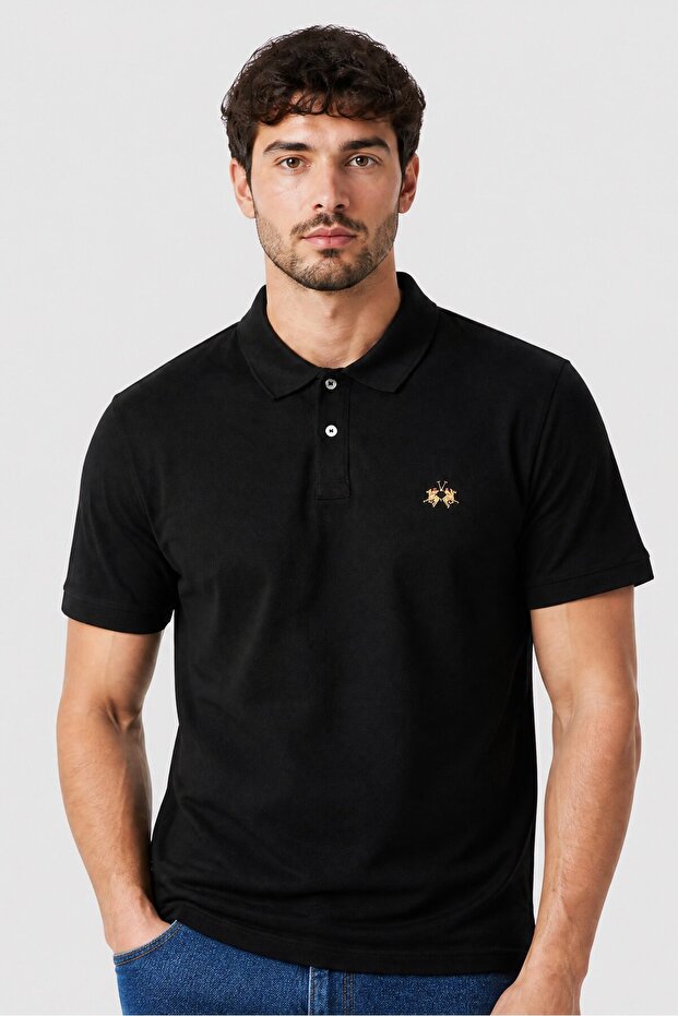 Men Regular Fit Embroidered Logo Short Sleeve Polo Shirt, Black