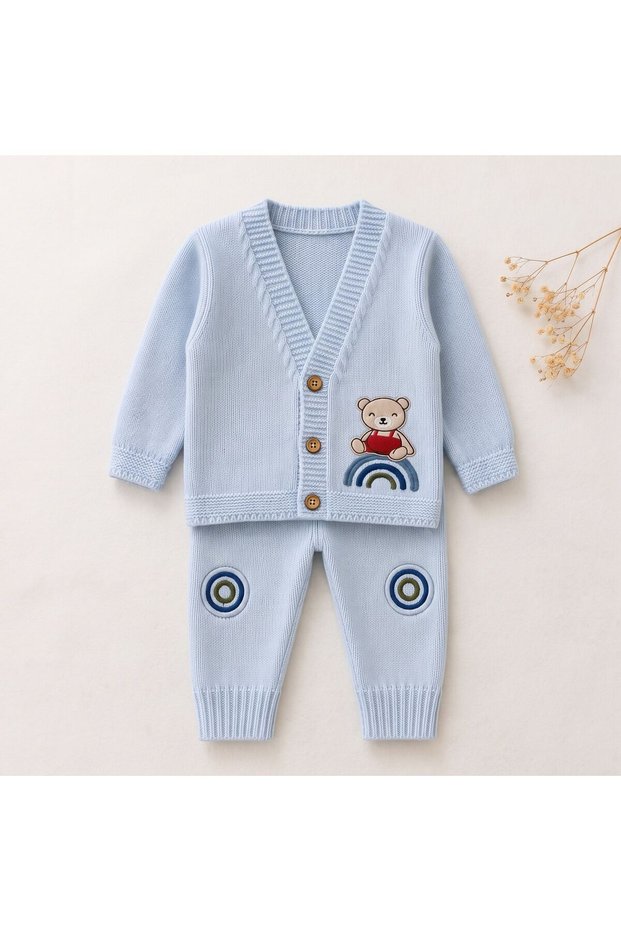 Teddy Bear and Rainbow Embroidered Baby Knitwear Set