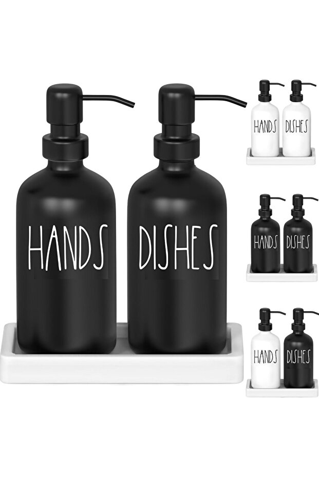 Black Glass Kitchen Soap Dispenser Set with Tray by - Hand and Dish Soap Dispenser for Kitchen Sink - Farmhouse Soap Dispenser Set - Modern Home Decor & Farmhouse Kitchen Decor (Black)