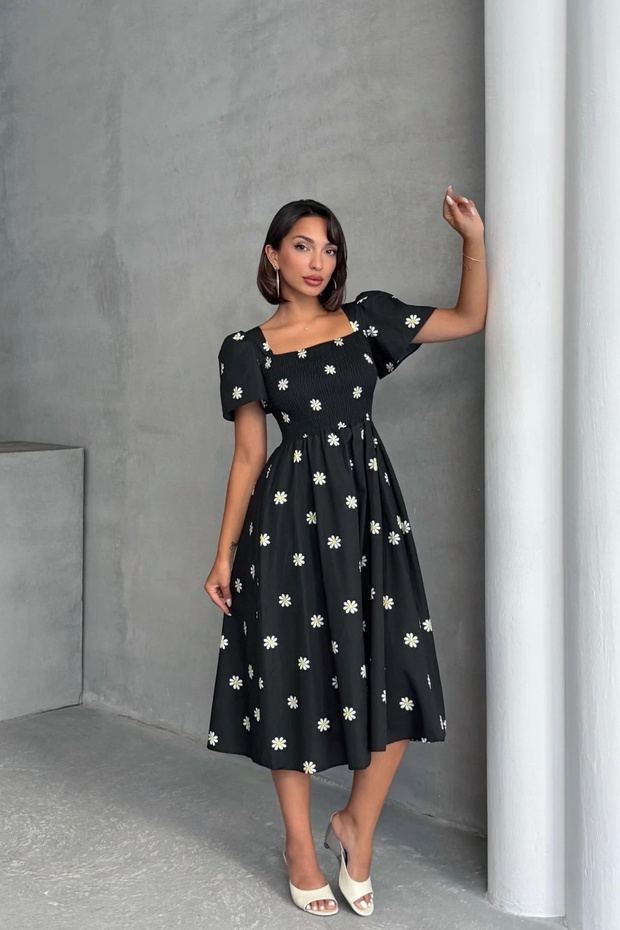 Women's Black Daisy Patterned Poplin Midi Dress (New Color)