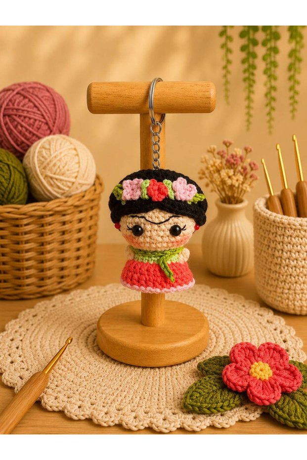 Amigurumi Knitted Keychain - Handmade Bag Accessory and Gift Frida Kahlo