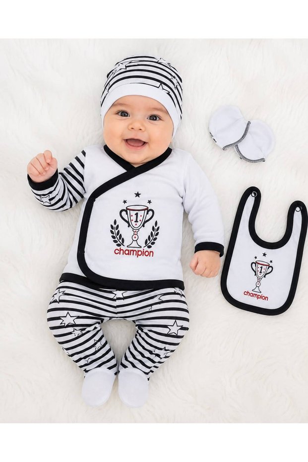 Baby 5-Piece Double Breasted Bodysuit Set with Booties, under Hat, Gloves, Bib, Newborn Fan Hospital Discharge Set