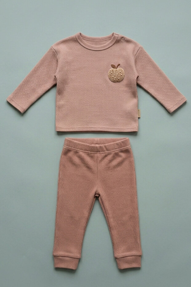 Cotton Waffle Fabric Apple Embroidered Long Sleeve 2-Piece Set