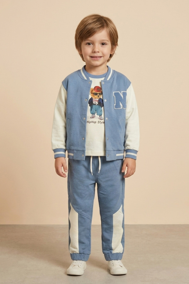 Boys' College Jacket Teddy Bear Printed 3-Piece Tracksuit Set