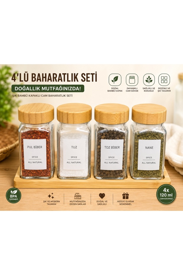 Set of 4 Glass Spice Jars with Bamboo Lids 120 ml – Spice Jar and Organizer Set
