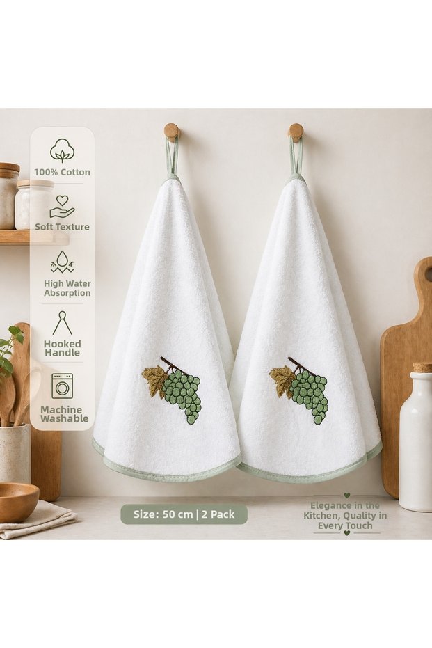 100% Cotton Round Kitchen Towel 50 cm – Set of 2 | High Absorbency, with Hanging Loop, Stylish Embroidered Design, Machine Washable Drying Cloth