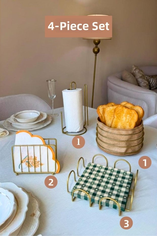 Set of 4 Matte Gold Square Napkin Holder Cage Napkin Holder Upright Paper Towel Holder Round Bread Basket with Divider Kitchen Set