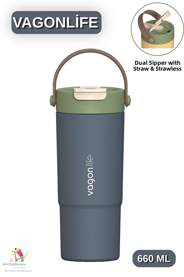 660 ml Single Lid Double Drink Stainless Steel Thermos with Straw / Without Straw with Handle