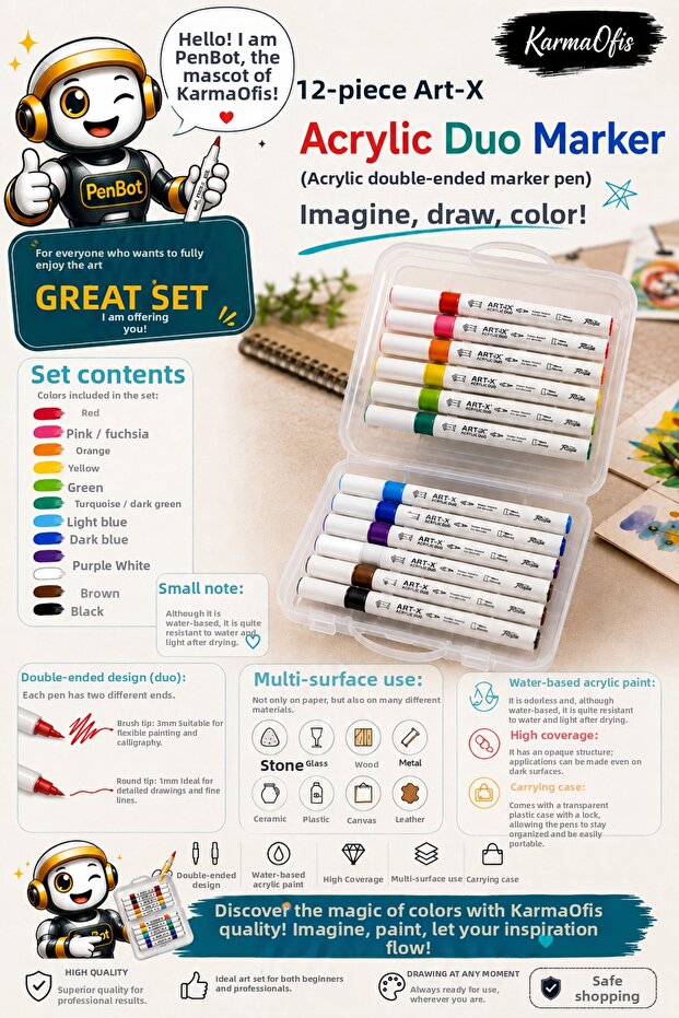 12-Piece Art-X Acrylic Duo Marker Set with Carrying Case