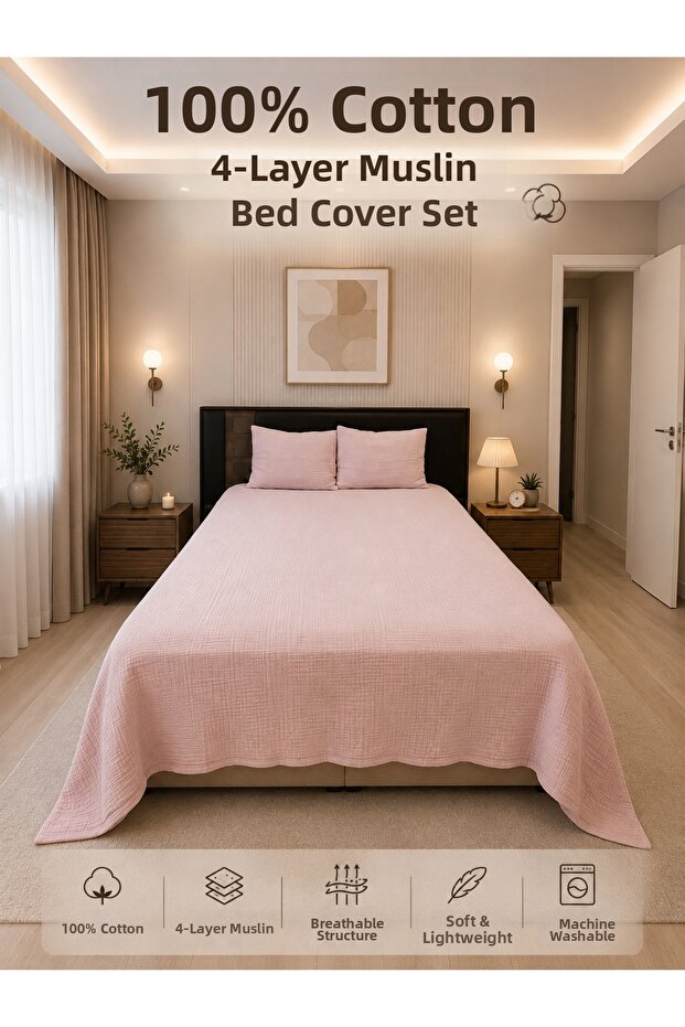 100% Cotton 4 Layer Muslin Bedspread Pique Set Double Size