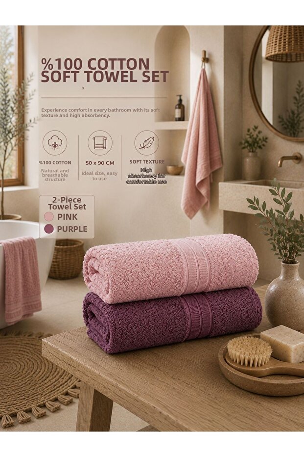 Colorfull 2 Pieces 100% Cotton Floral Patterned 50 X 90 cm Towel Set / Dowry Set