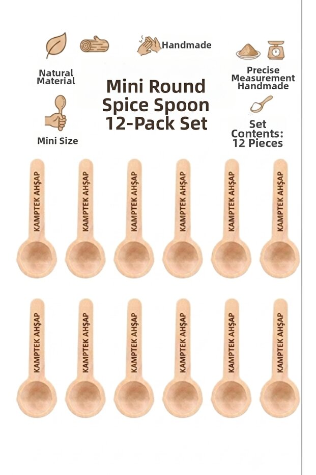 Kamptek Wooden Mini Round Spice Spoon Set - Natural Handmade Precision Measuring Salt Coffee Jar Spoon