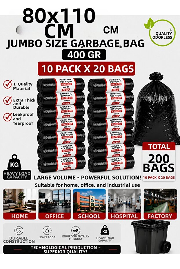 80X110 cm 90 Liter Jumbo Size Garbage Bag 200 Pieces Black Durable Industrial Garbage Bag 10 Rolls of 20