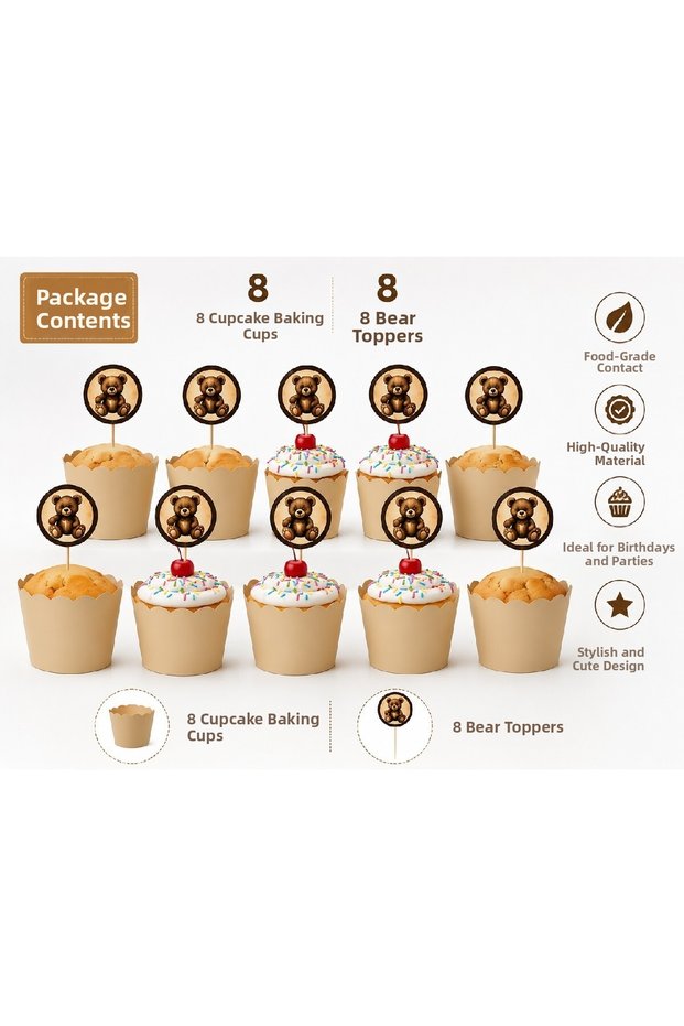 Teddy Bear Cupcake Decoration Set |   8 Cupcake Molds + 8 Teddy Bear Toothpicks |   Baby Shower |   1 Year Old Birthday |   Party Supplies |   16 Pieces