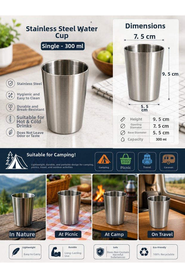 Stainless Steel Water Cup Single – Unbreakable Metal Cup – 304 Quality – 300 ml