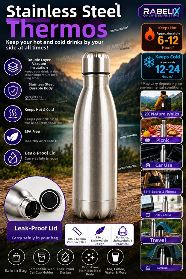 Stainless Steel Thermos Vacuum Double Layer Leak-Proof Hot and Cold Retaining Steel Flask Silver