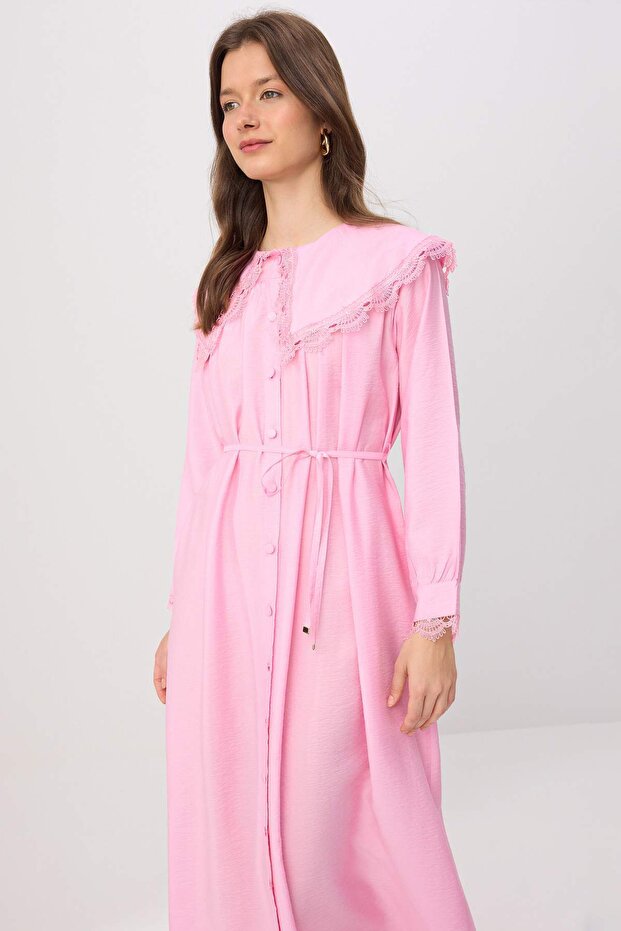 Pembe Dantel Detay İpeksi Kumaş Astarsız Vual Dokuma Elbise&Tulum Tesettür Elbise TCTSS26EB00202 - 2