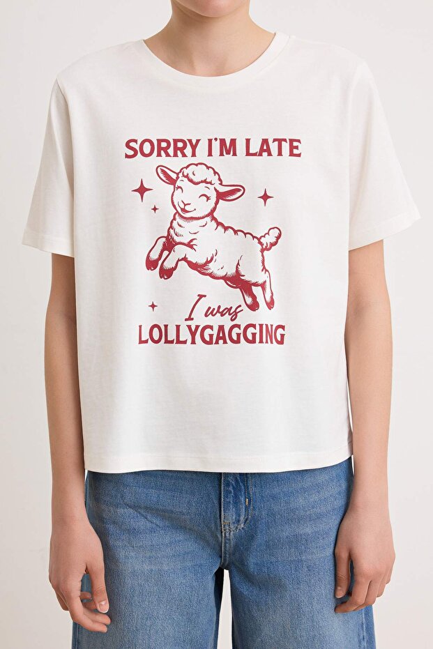Ekru Baskılı Regular/Normal Kalıp Kısa Kollu Tok %100 Pamuk Örme T-Shirt TWOSS26TS00091 - 3