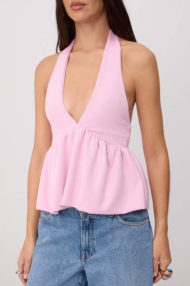 Pembe Fitted/Vücuda Oturan Boyundan Bağlamalı Büzgülü Soft Touch Örme Bluz TWOSS26BZ00787 - 3