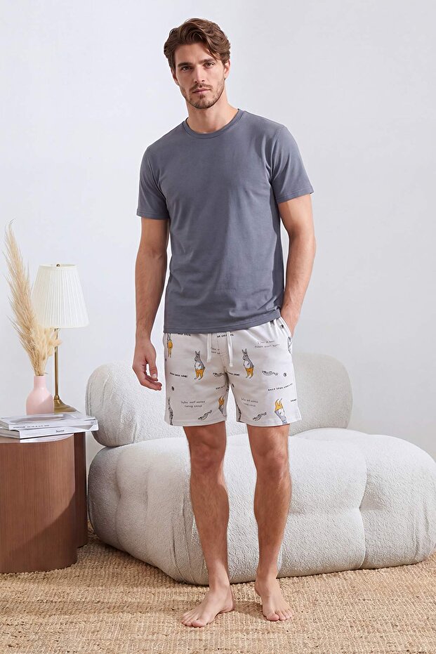 Lacivert Kanguru Desenli Cauple/Çift Yazlık Örme Pijama Takımı TMNSS26PT00052 - 2