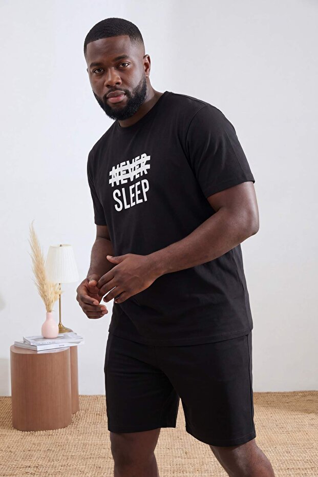 Siyah Regular Slogan Homewear Büyük Beden Pijama Takımı TMNSS25AI00003 - 2