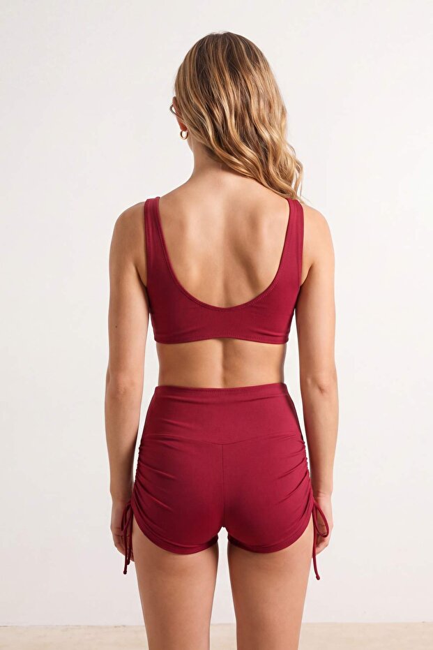 Bordo Tünelli Bralette Kaplı Bağlama Detaylı Şort Bikini Takımı TBESS26BT00007 - 4