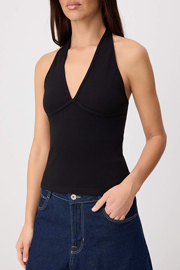 Siyah Fitted/Vücuda Oturan Boyundan Bağlamalı Kolsuz Fitilli Esnek Örme Bluz TWOSS26BZ00763 - 3