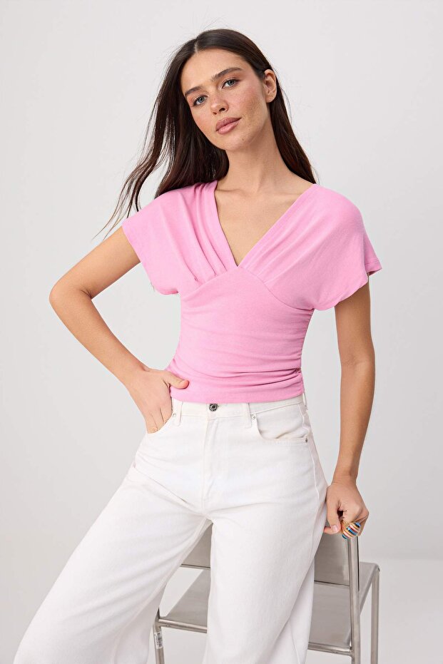 Pembe Fitted/Vücuda Oturan Büzgü/Drape Detaylı Örme Bluz TWOSS25BZ00605 - 2