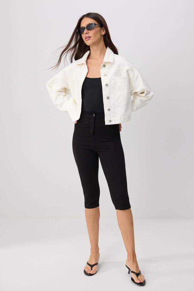 Ekru Cep Detaylı Crop Denim Ceket TWOSS26CE00059 - 2