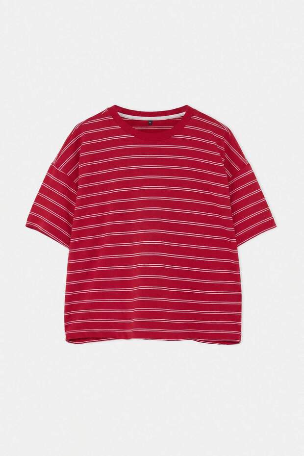 Bordo Çizgili Boxy/Relaxed Kalıp Kısa Kollu Pamuk Karışımlı Örme T-Shirt TBBSS26BF00088 - 4