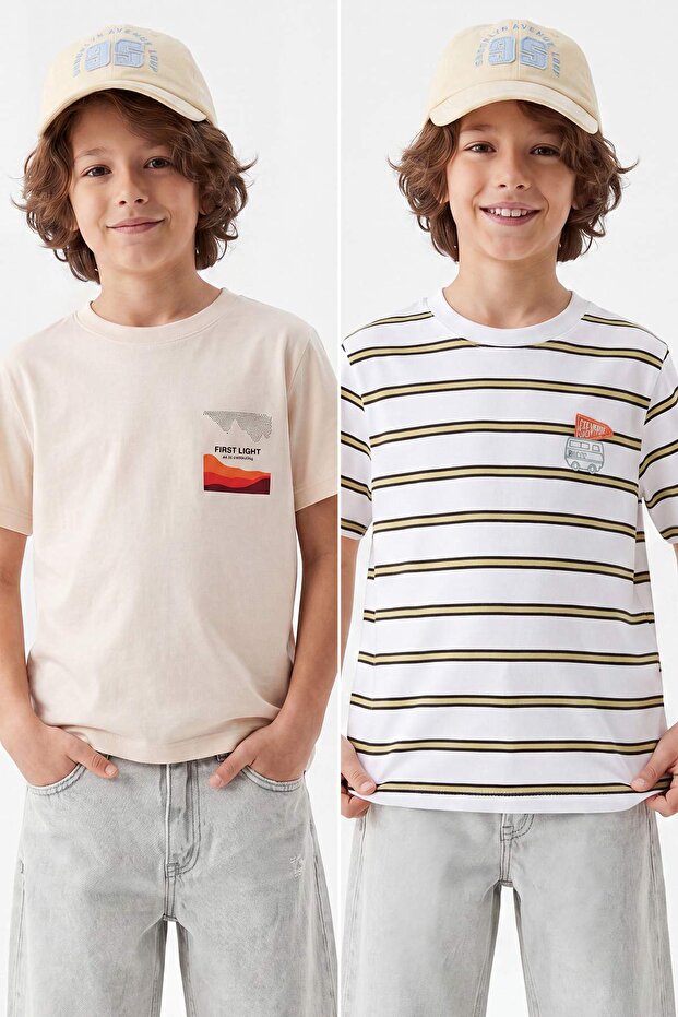Taş-Ekru Çizgili Örme T-Shirt TKDSS26TS00025 - 1