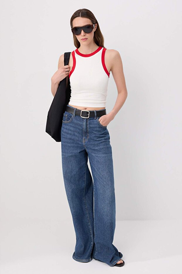 Ekru Fitted/Vücuda Oturan Kolsuz Crop/Kısa Yumuşak Örme Atlet TWOSS26AL00114 - 2
