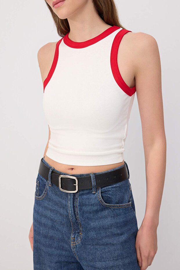Ekru Fitted/Vücuda Oturan Kolsuz Crop/Kısa Yumuşak Örme Atlet TWOSS26AL00114 - 3
