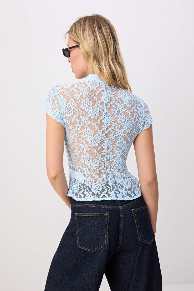 Bebe Mavisi Fitted/Vücuda Oturan Dik Yaka Fermuar Detaylı Dantel Örme Bluz TWOSS26BZ01023 - 4