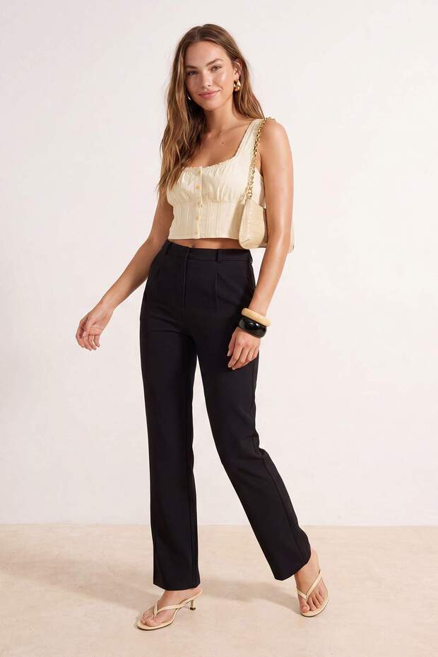 Siyah Wide Leg/Geniş Paça Pileli Dokuma Kumaş Pantolon TWOSS21PL0155 - 2