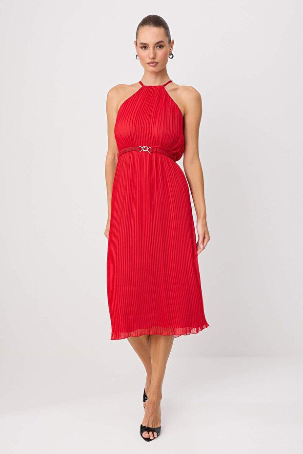 Red Belted Pleated Chiffon Flight-Flight Woven Midi Dress Twoss25El00573