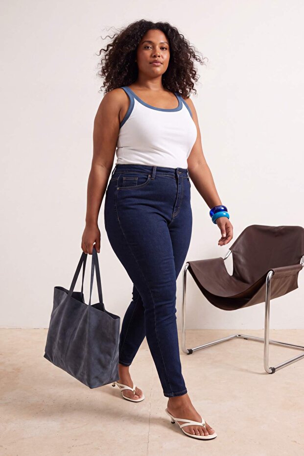 Koyu Mavi Yüksek Bel Esnek Skinny Denim Büyük Beden Jeans TBBAW26CJ00006 - 1