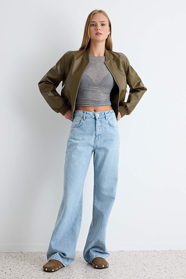 Açık Mavi Yüksek Bel Wide Leg Geniş Paça %100 Pamuk Non-Stretch Jeans TWOSS25JE00132 - 1