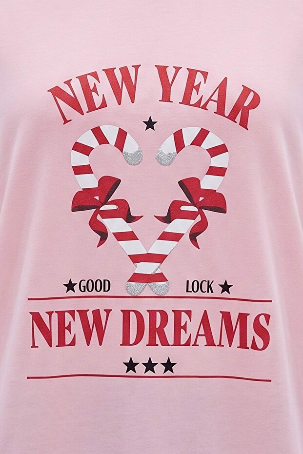 Pembe Yılbaşı Temalı Örme Pijama Takımı TBBAW23AI00044 - 4